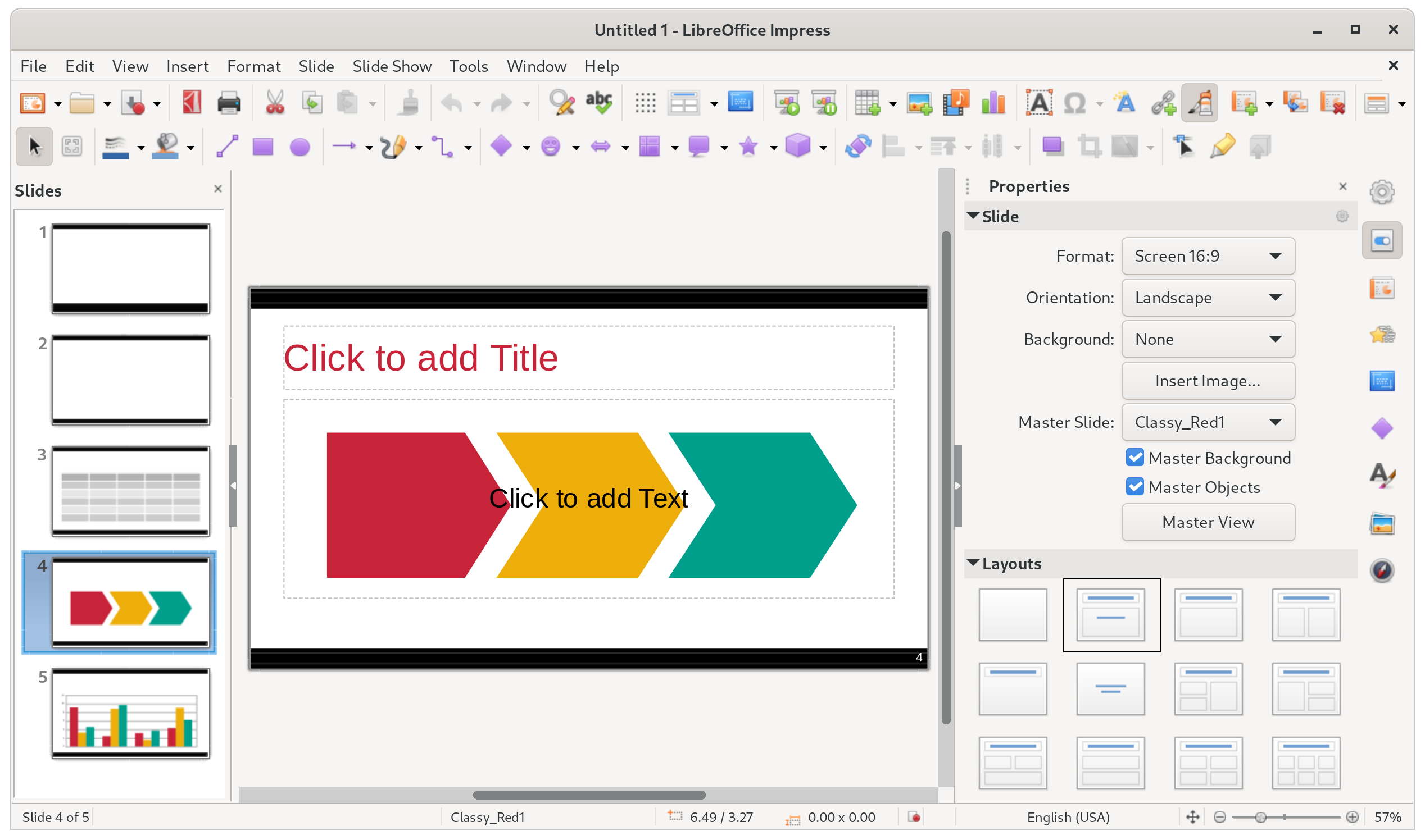 Интерфейс LibreOffice Impress с панелью слайдов, рабочей областью и свойствами макета