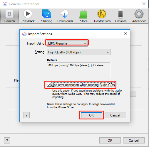 Окно Import Settings iTunes с MP3 Encoder и коррекцией ошибок Audio CD