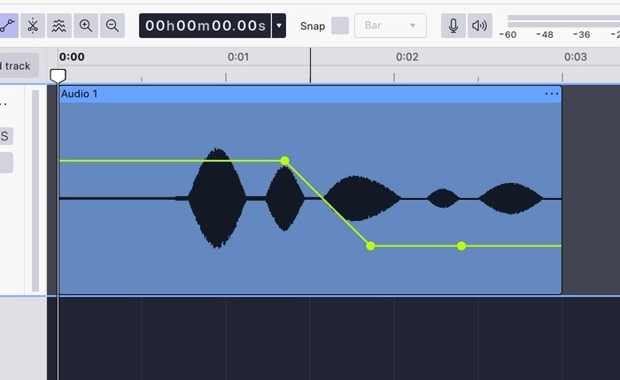 Кривая Clip Gain в Audacity 4 для плавного изменения громкости клипа