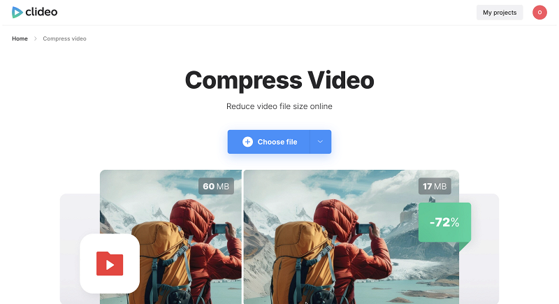 Страница Compress Video в Clideo с кнопкой Choose file
