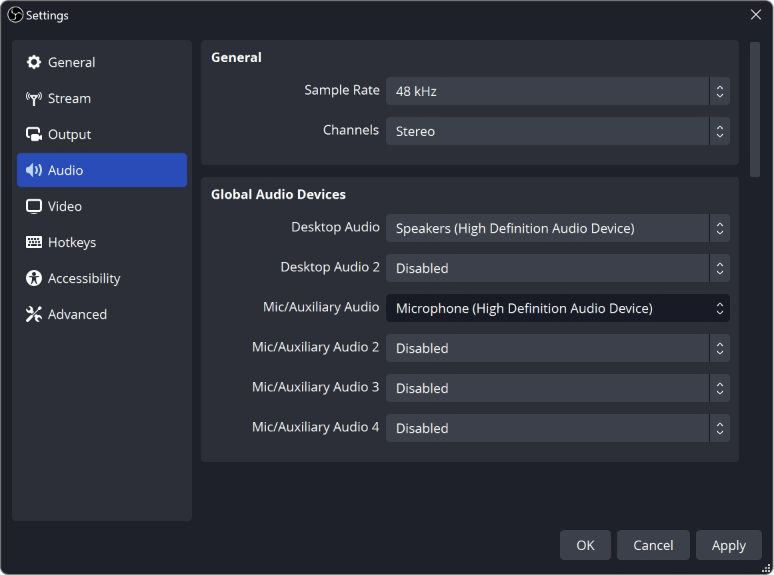 Настройки Audio в OBS Studio с Desktop Audio и Mic Auxiliary Audio