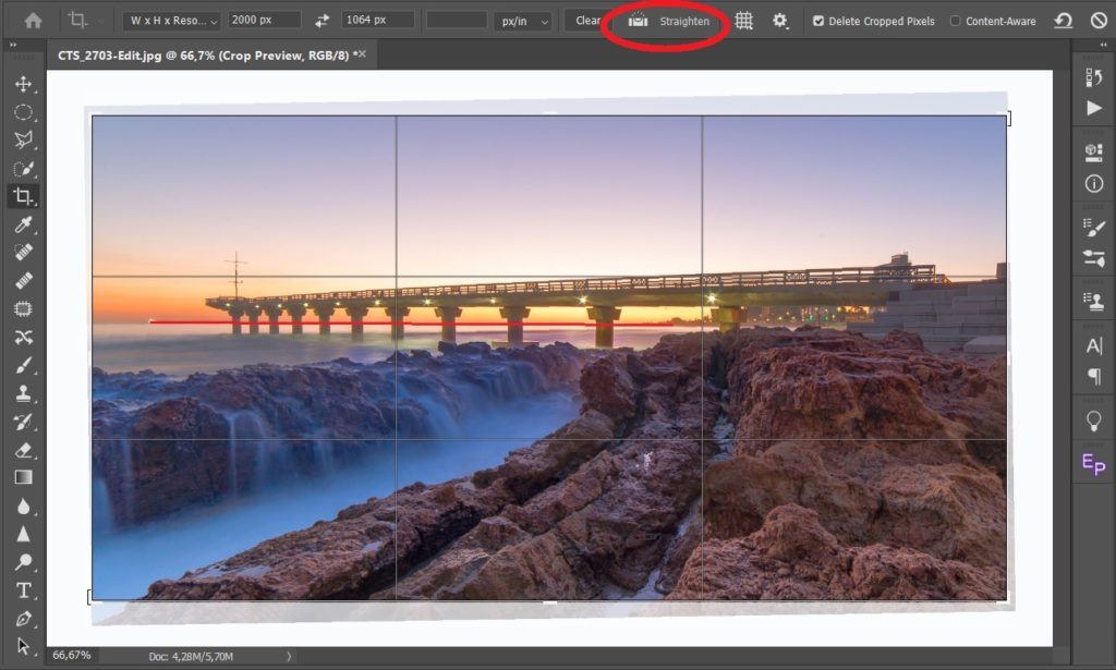Инструмент Crop и кнопка Straighten в Adobe Photoshop