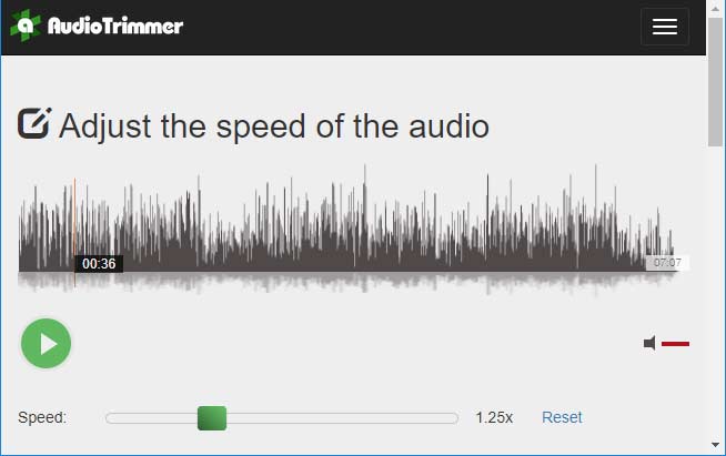 Интерфейс AudioTrimmer с волной аудио и ползунком Speed