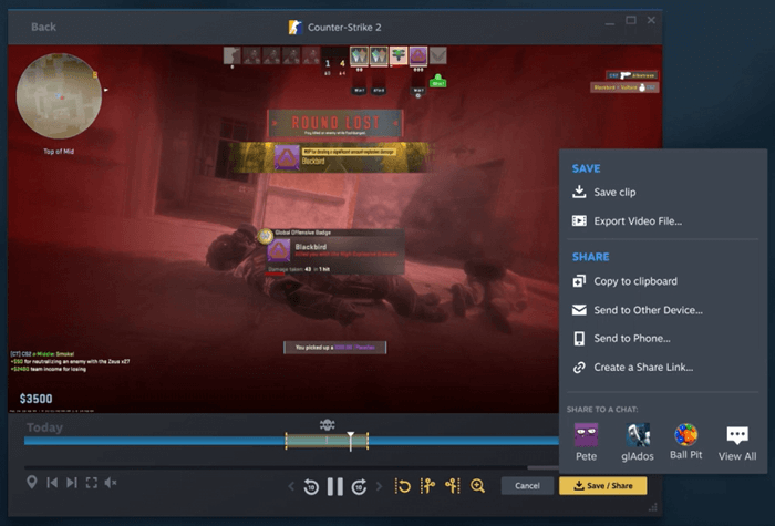 Редактор клипа Steam Game Recording с меню Save Share и Export Video File