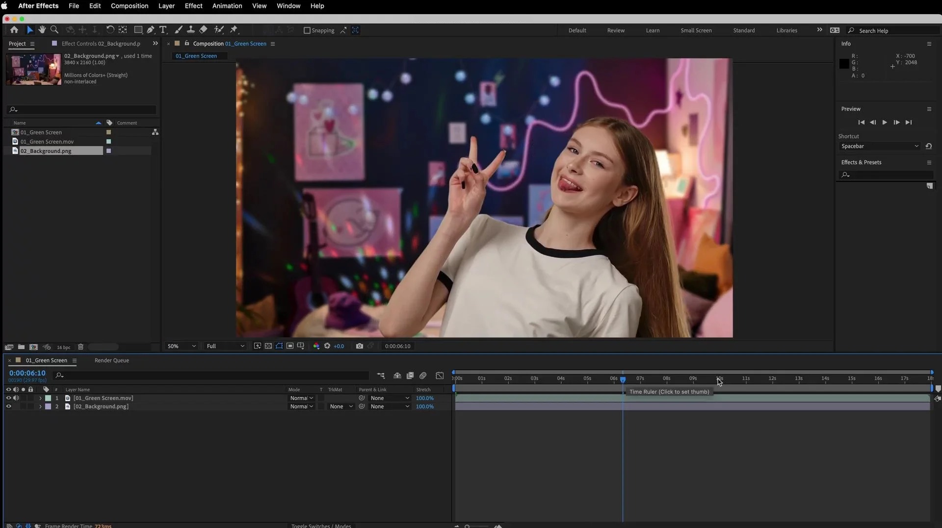 Рабочая композиция в Adobe After Effects с вырезанным человеком и новым фоном