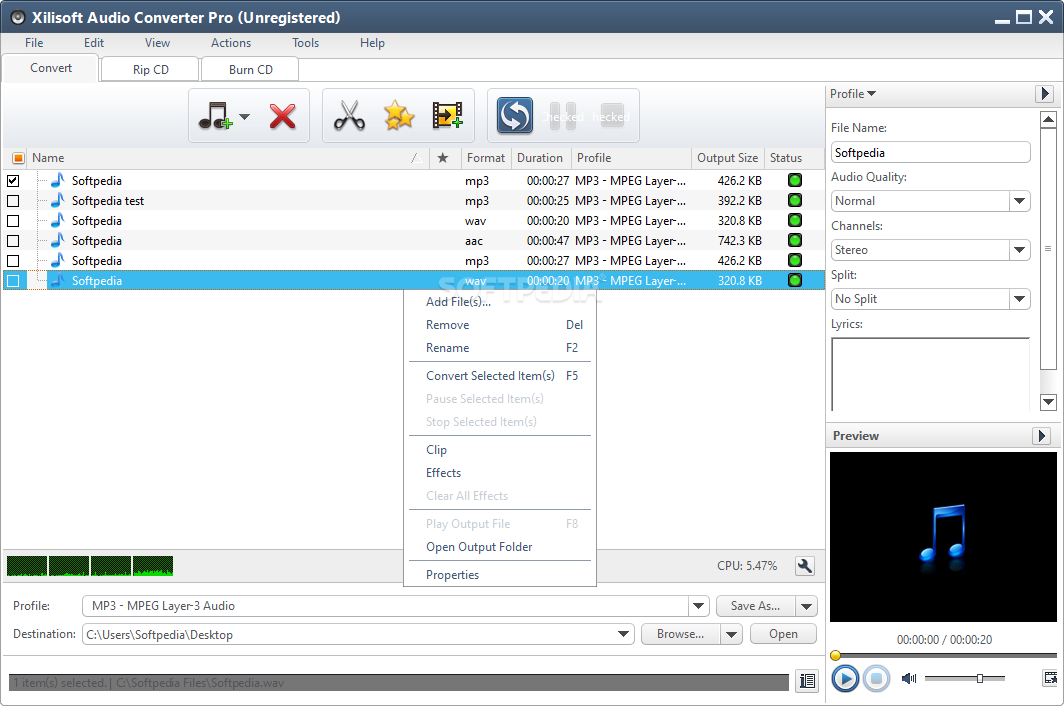 Главное окно Xilisoft Audio Converter Pro со списком файлов, профилем MP3 и панелью параметров