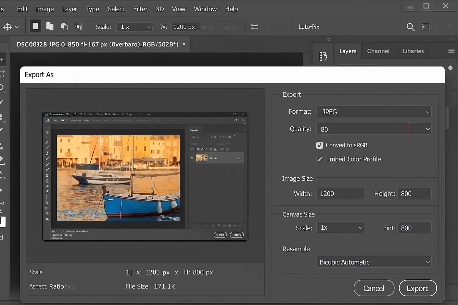 Диалог Export As в Adobe Photoshop с настройками формата и размера