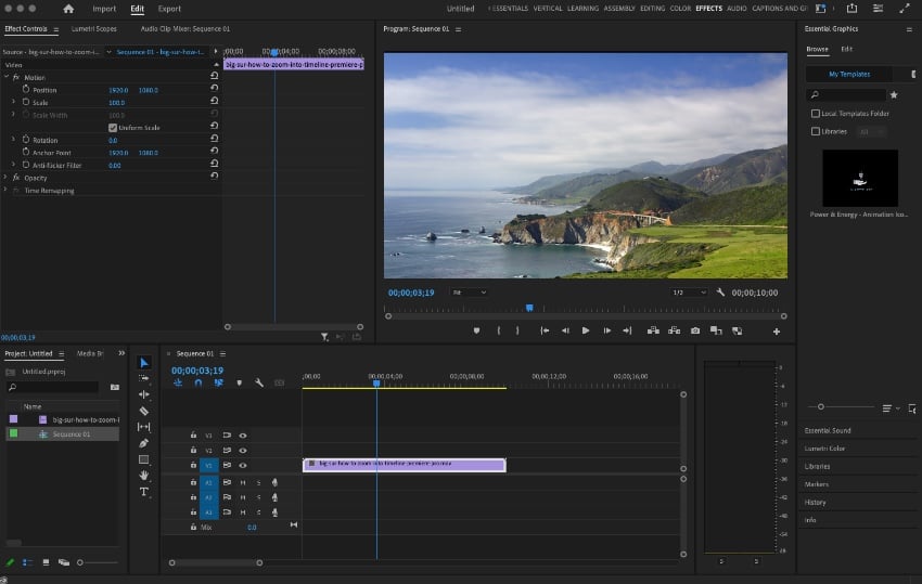 Панель Effect Controls в Adobe Premiere при настройке приближения