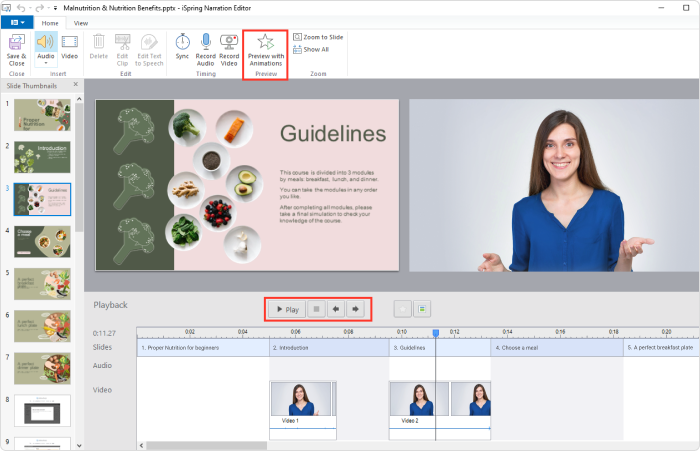 Narration Editor в iSpring Suite с дорожкой слайдов и видеозаписи