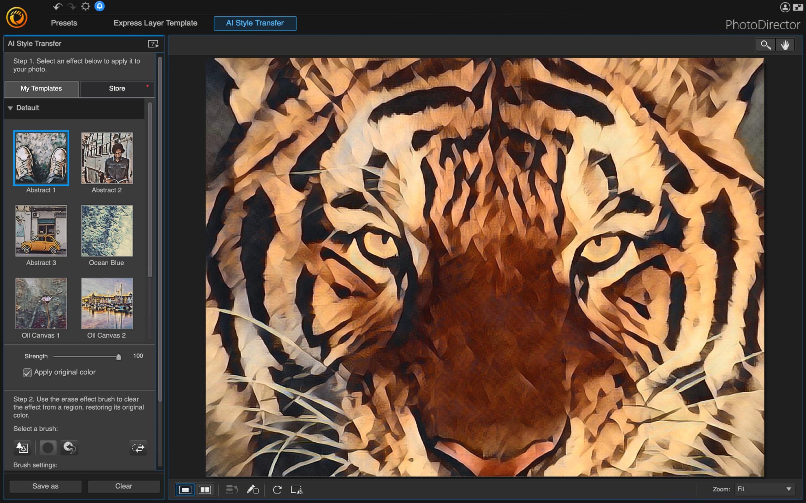 Интерфейс CyberLink PhotoDirector с панелью AI Style Transfer и фотографией