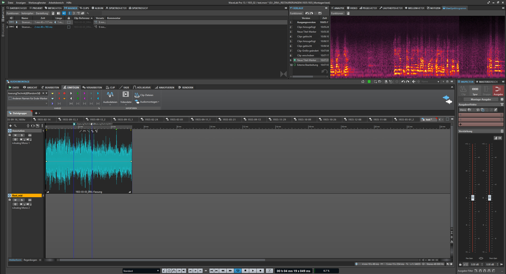 WaveLab Pro 13 с Audio Montage, клипом на временной шкале и списком маркеров