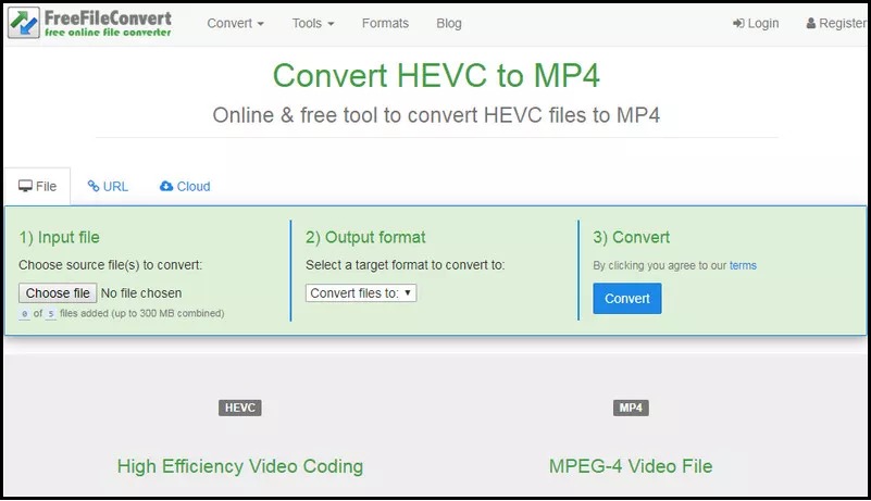 Интерфейс FreeFileConvert для преобразования HEVC в MP4