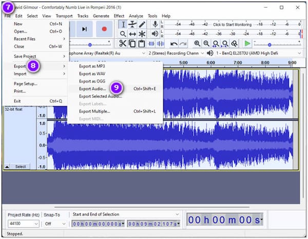 Экспорт аудио в Audacity