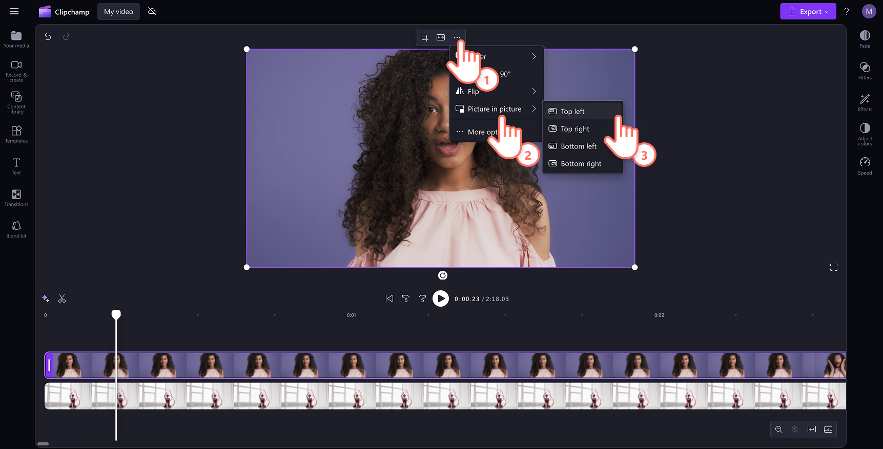 Меню Picture in Picture в Microsoft Clipchamp