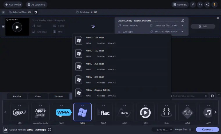 Movavi Video Converter с выбранным WMA v2 и профилями 128, 192, 256, 320 кбит/с и Original Bitrate