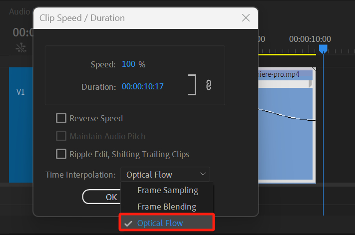 Окно Clip Speed/Duration в Adobe Premiere Pro с выбором Optical Flow