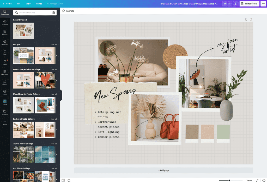Редактор Canva с открытым шаблоном мудборда