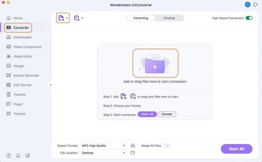 Окно Wondershare UniConverter с добавлением файлов и MP3