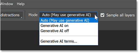 Меню Mode инструмента Remove Tool в Adobe Photoshop
