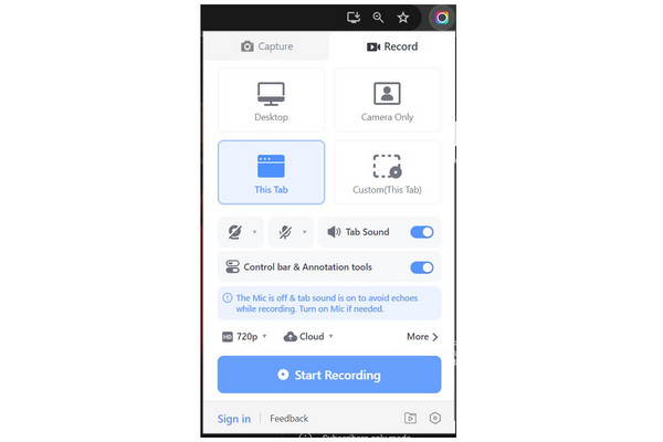 Панель Awesome Screen Recorder с режимами Desktop, Camera Only, This Tab и Custom