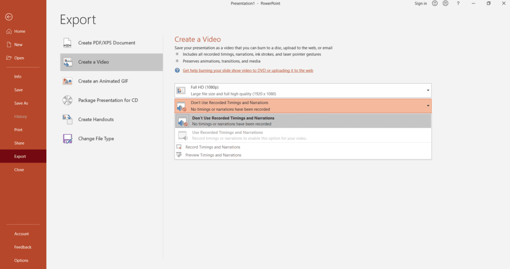 Раздел Create a Video в окне экспорта Microsoft PowerPoint