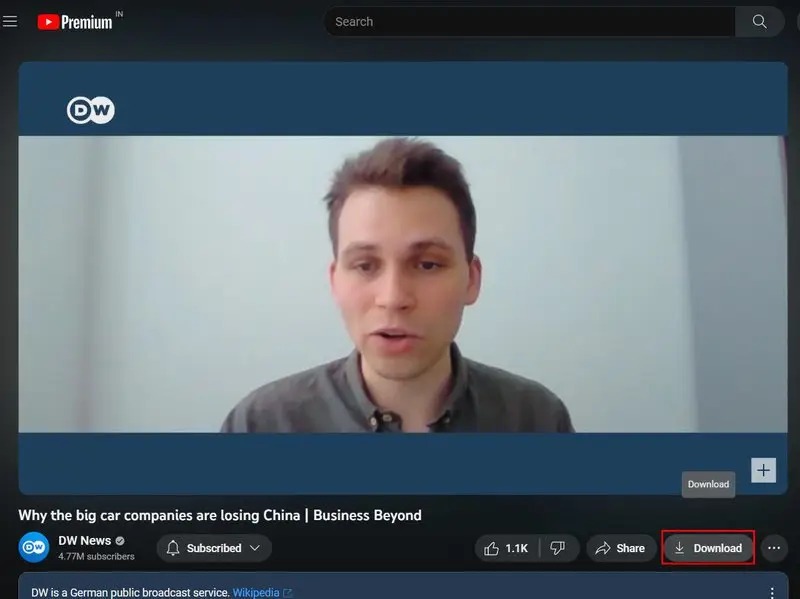 Кнопка Download под видео в настольной версии YouTube Premium
