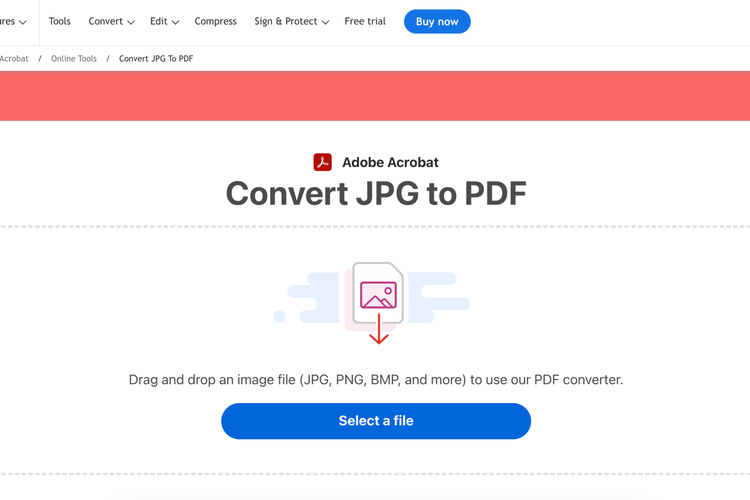 Онлайн-интерфейс Adobe Acrobat для конвертации JPG в PDF