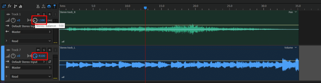 Две монодорожки в Adobe Audition с панорамированием влево и вправо