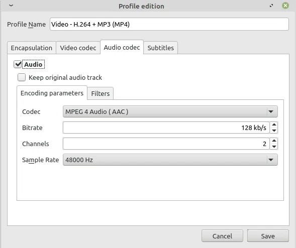 Окно редактирования профиля VLC с вкладкой Audio codec и полем Bitrate