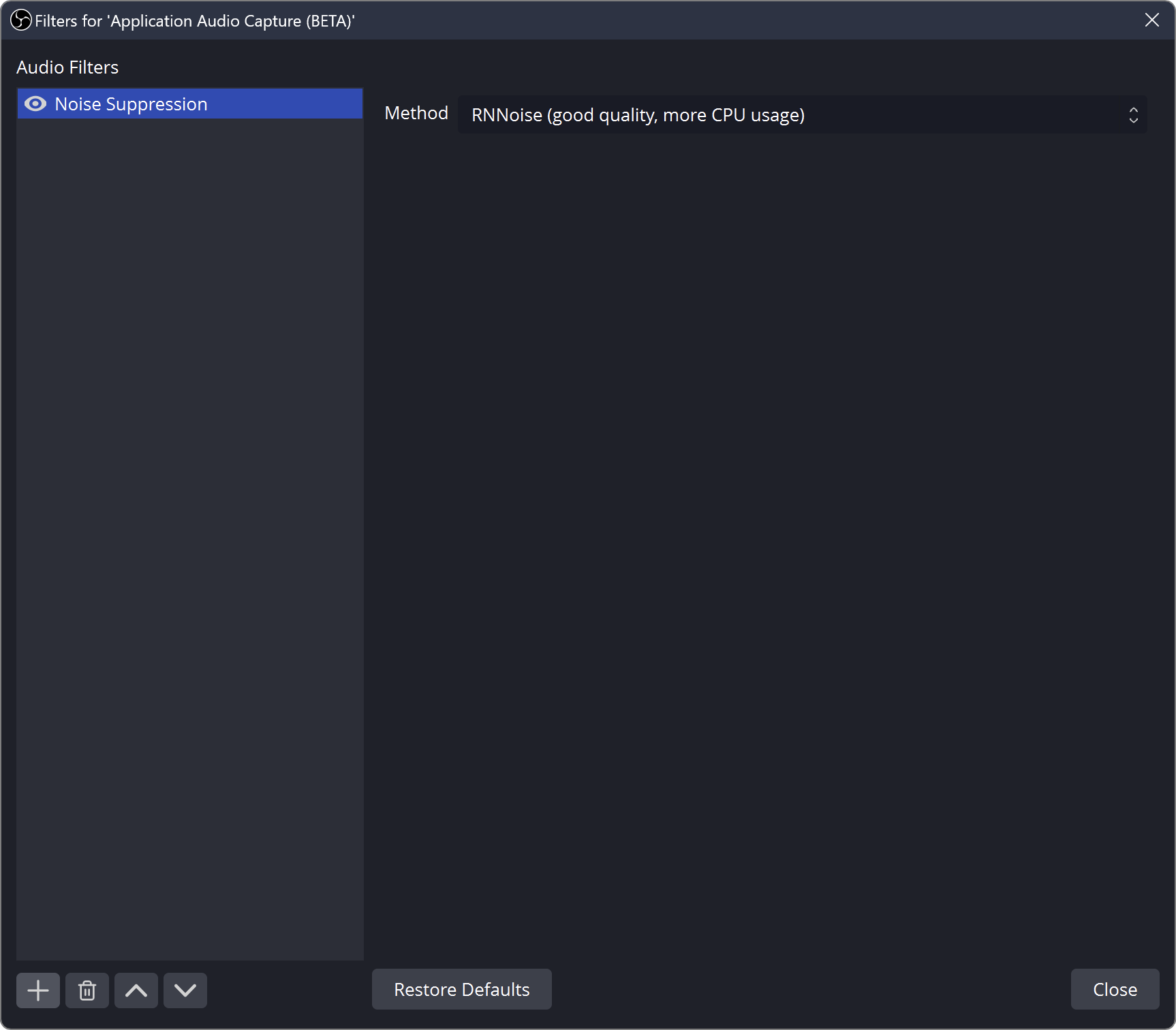Фильтр Noise Suppression в OBS Studio с выбранным методом RNNoise