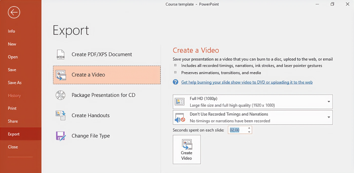 Настройка длительности слайдов и запуск создания видео в PowerPoint