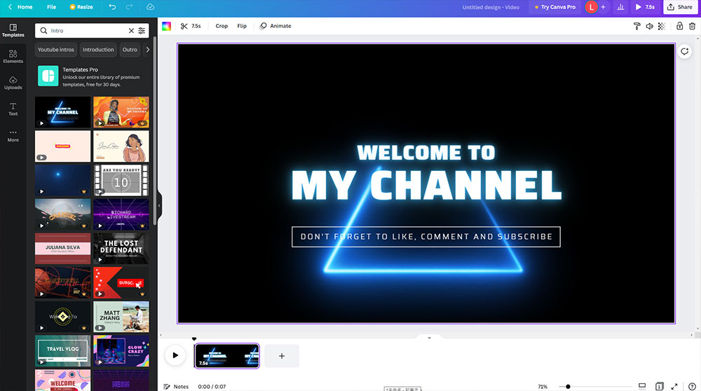 Интерфейс Canva с шаблоном YouTube Intro