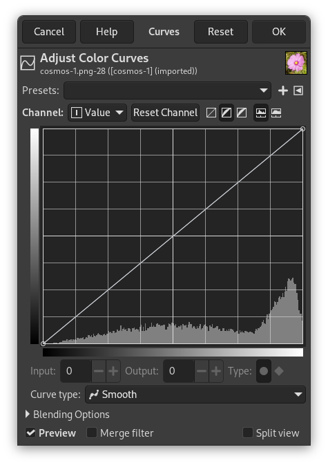 Диалог Curves в GIMP 3.2