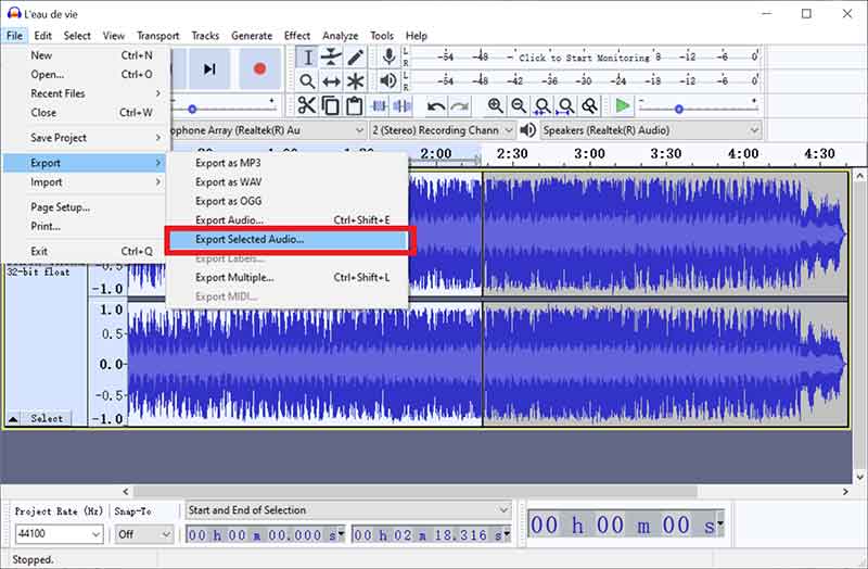 Audacity с выделенной звуковой дорожкой и командой экспорта выбранного фрагмента