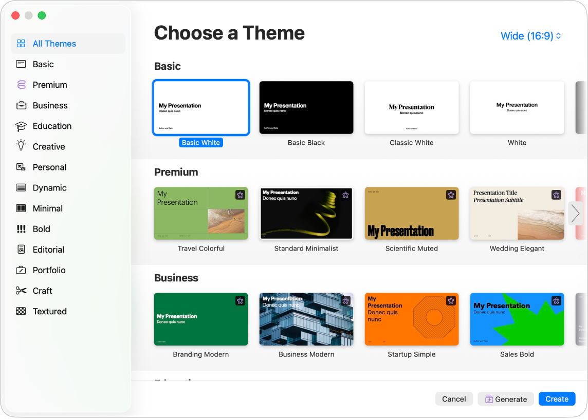 Окно выбора темы в Apple Keynote на Mac
