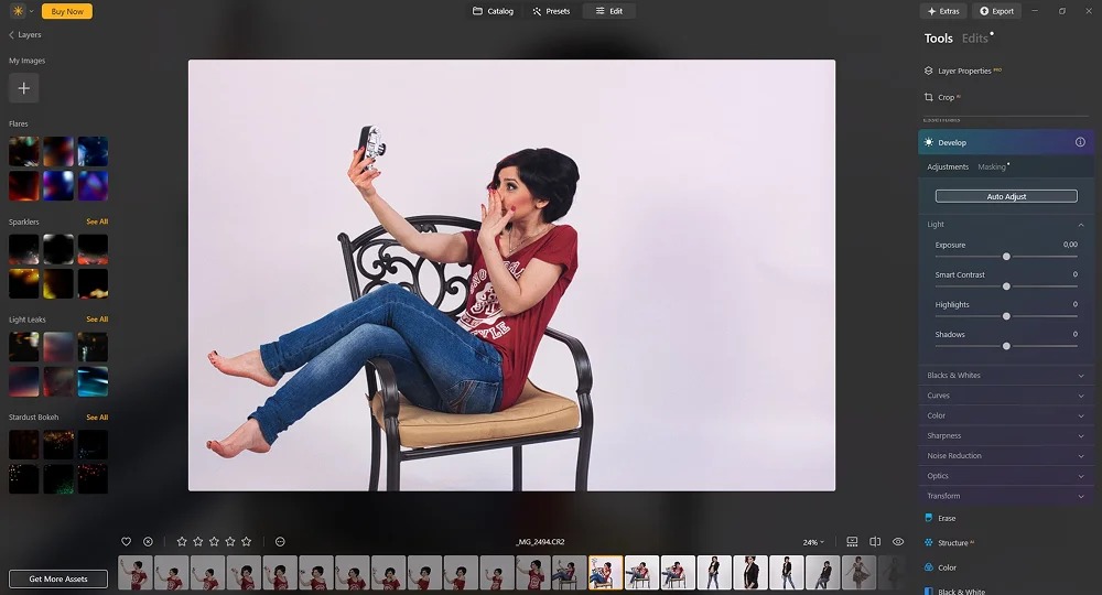 Интерфейс Luminar Neo с фотографией и панелью инструментов редактирования