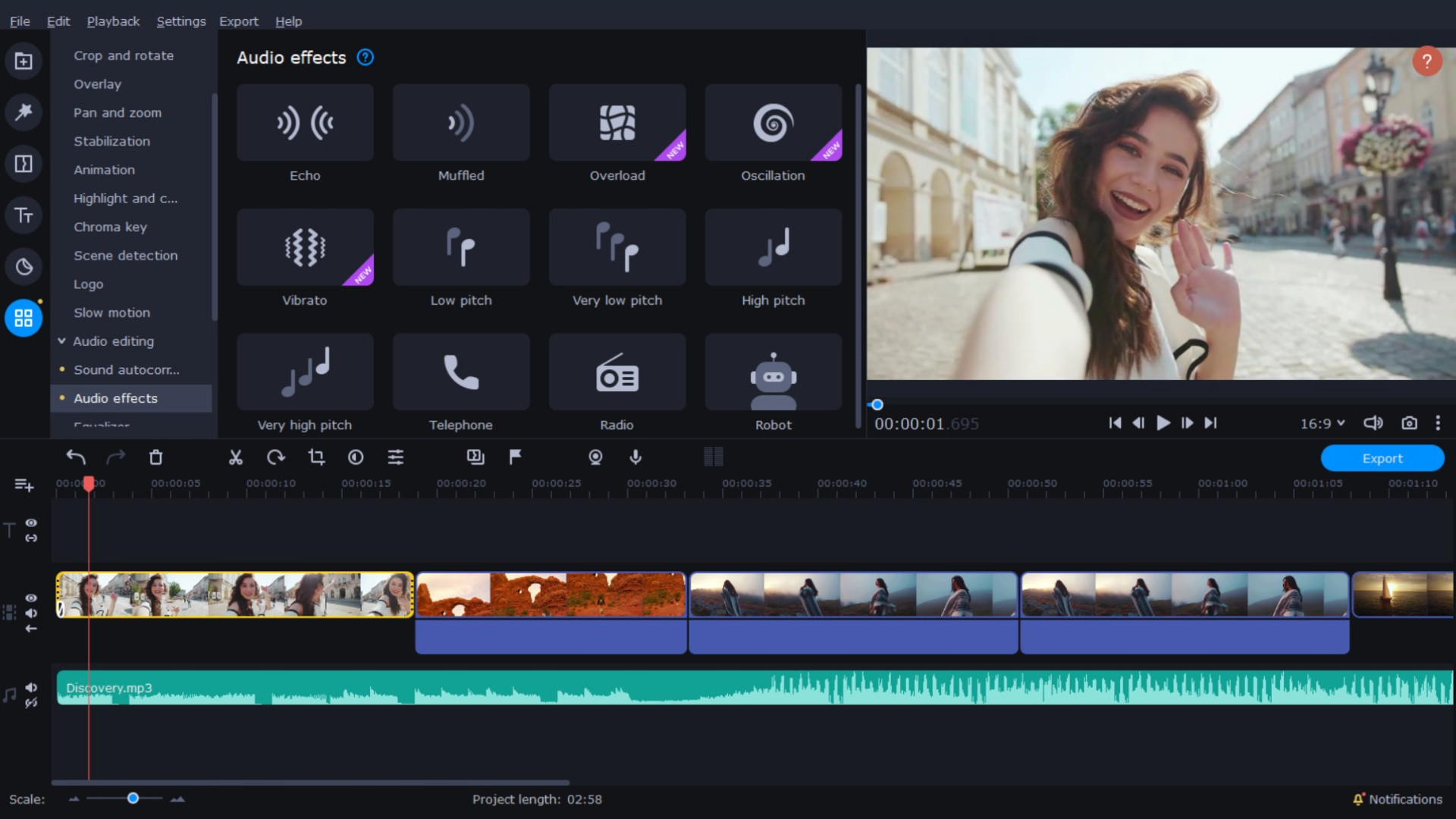 Интерфейс Movavi Video Editor с аудиодорожкой на таймлайне