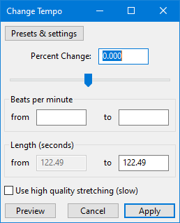 Диалог Change Tempo в Audacity с процентом, BPM и новой длительностью