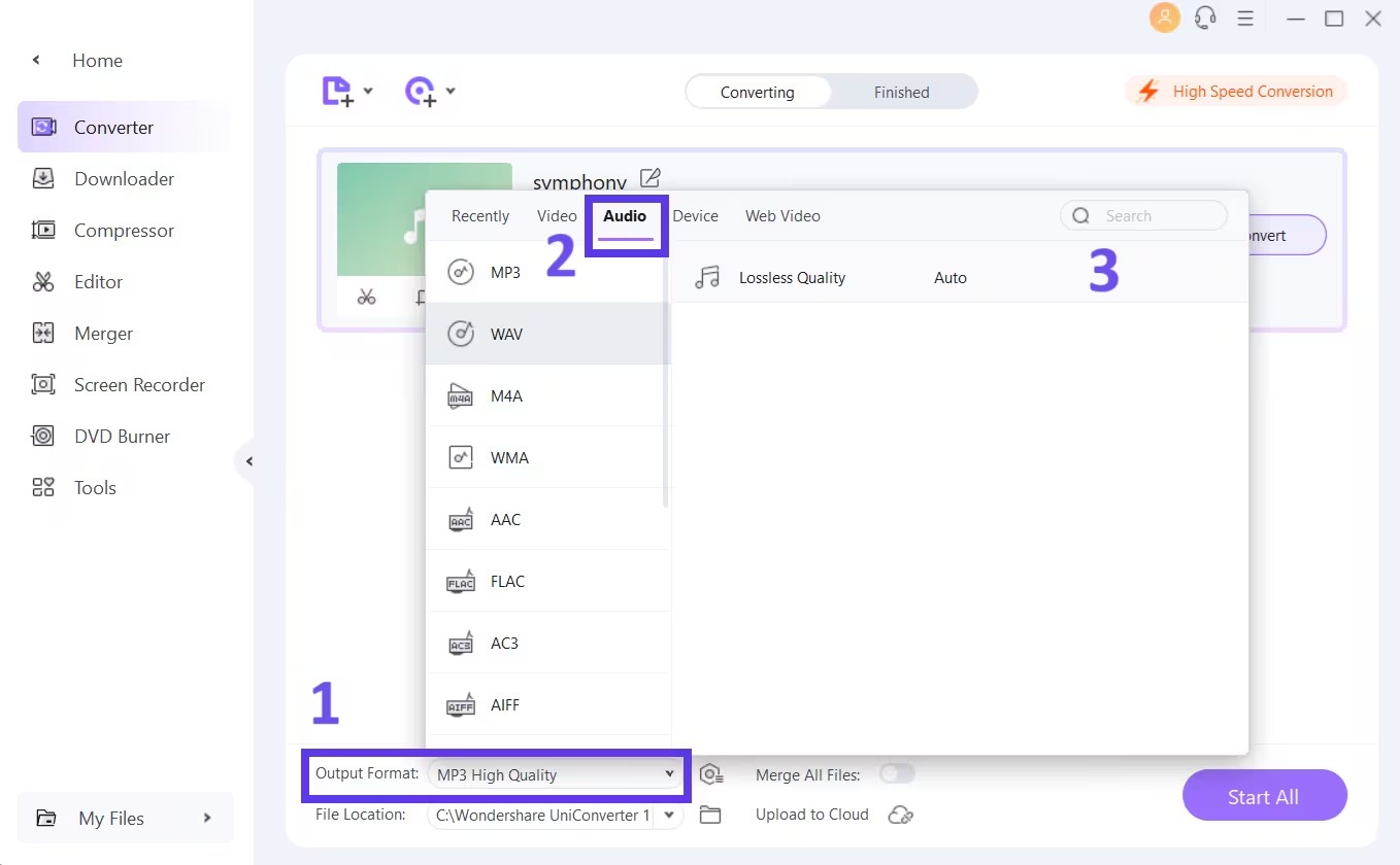 Wondershare UniConverter с открытой вкладкой Audio и форматом FLAC в списке выходных форматов