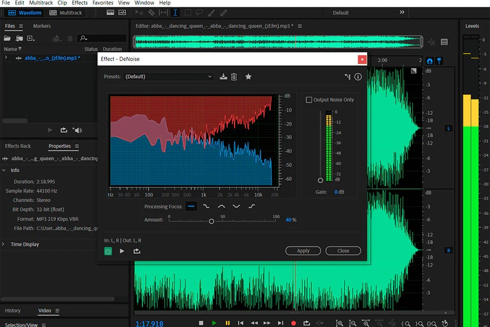 Эффект DeNoise в интерфейсе Adobe Audition
