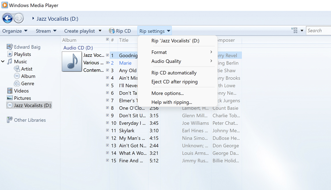 Windows Media Player с меню Rip settings для копирования Audio CD