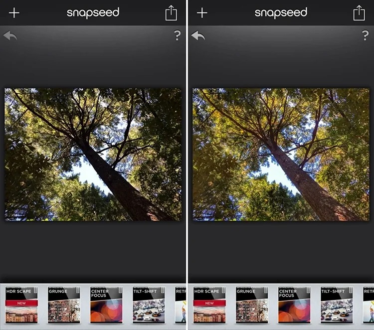 Рабочее окно Snapseed на смартфоне с фотографией и панелью инструментов