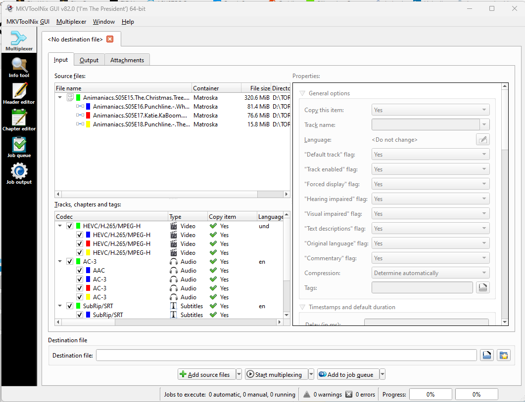 Окно MKVToolNix GUI Multiplexer со списком видео, аудио и субтитров
