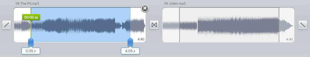 Два трека и синие маркеры границ в Online Audio Joiner