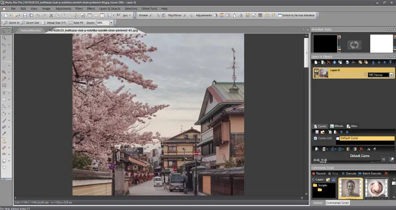 Интерфейс Photo Pos Pro с панелями инструментов, слоёв и эффектов