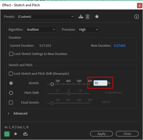 Окно Stretch and Pitch в Adobe Audition