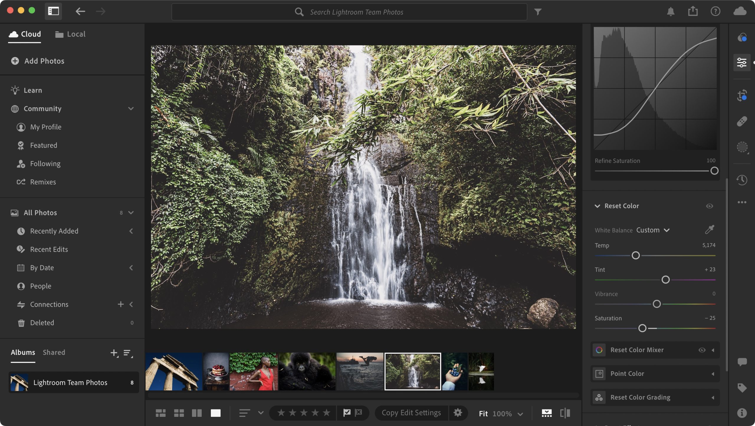 Интерфейс Adobe Lightroom с вкладками Cloud и Local и фотолентой