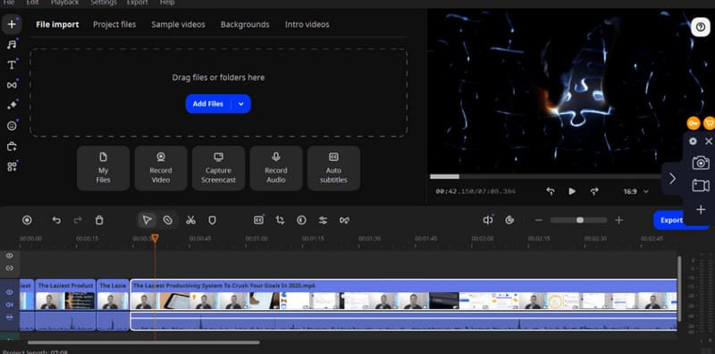 Интерфейс Movavi Video Editor с импортом файлов и временной шкалой