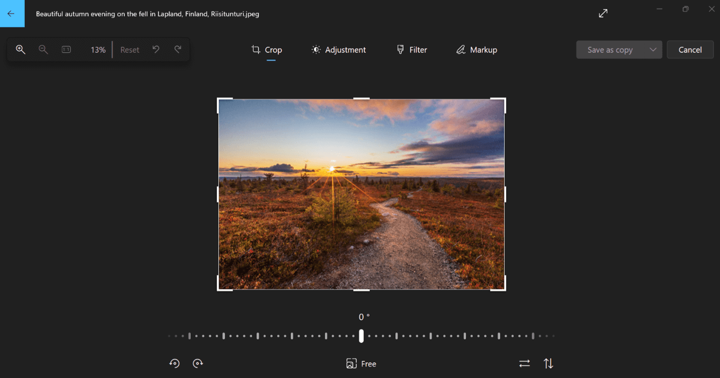 Интерфейс Microsoft Photos в Windows с панелью редактирования и кнопкой Save as copy