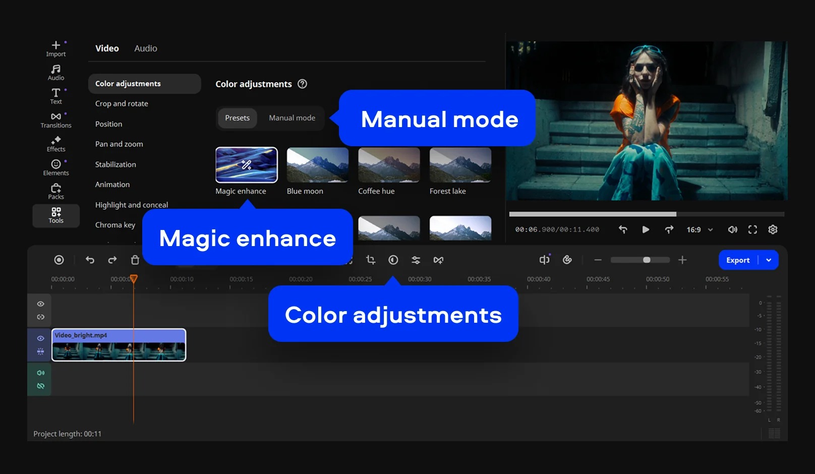 Интерфейс Movavi Video Editor с включённым Magic Enhance